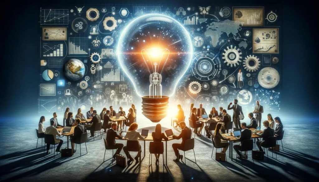 Ein hyperrealistisches Foto einer dynamischen Geschäftssitzung in einem modernen Büro mit Stadthintergrund.