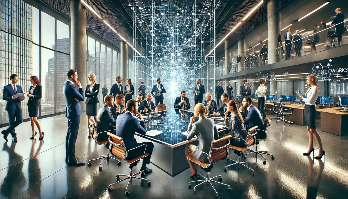 Eine diverse Gruppe von Fachleuten diskutiert leidenschaftlich in einem futuristischen Büro.